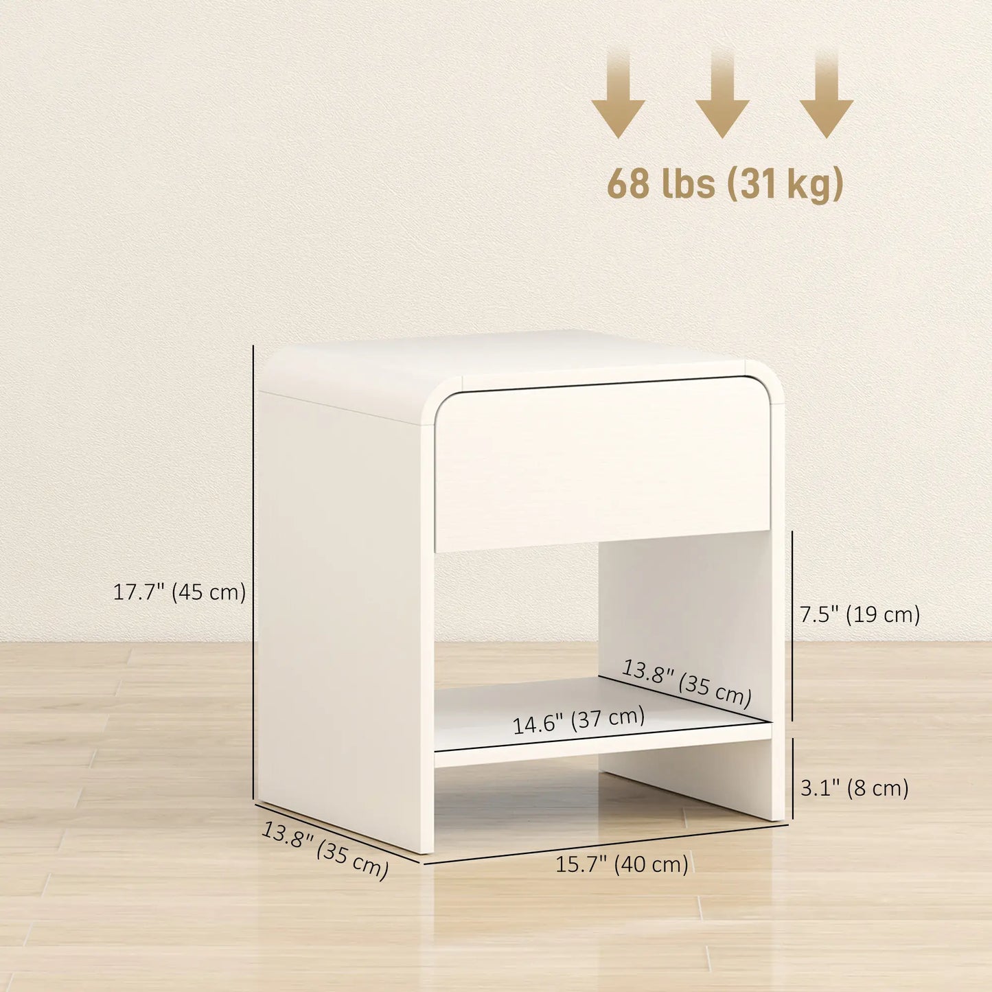 Modern Nightstand Set of 2, Distressed White, With Drawer and Shelf, White