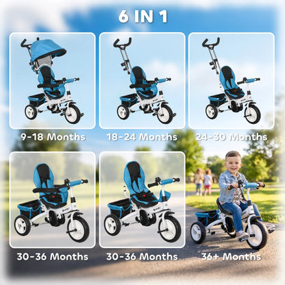 6 in 1 Toddler Tricycle Stroller, Basket, Canopy, 5-Point Harness, 12-60 Months, Blue Tricycles for Kids at Gallery Canada