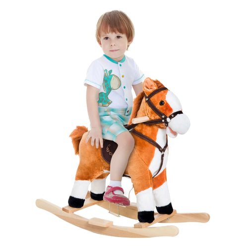 Kids Rocking Horse, Plush Ride-On Toy, Realistic Sound, Brown, Red