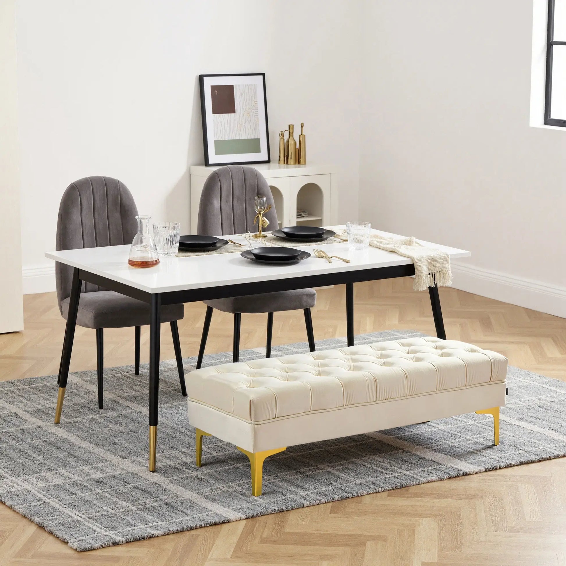 Upholstered End of Bed Bench, Button Tufted, Cream White Storage Ottomans & Benches at Gallery Canada