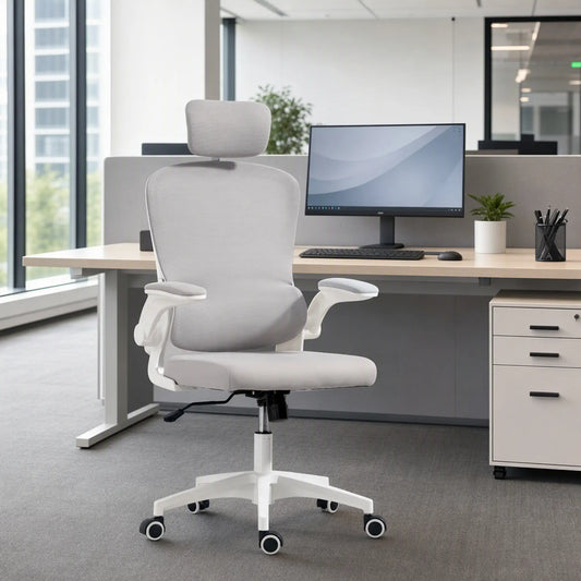 Ergonomic Mesh Office Chair, High Back, Rotatable Headrest, Flip-Up Armrests, Lumbar Support, Grey Task Chairs Grey, White at Gallery Canada