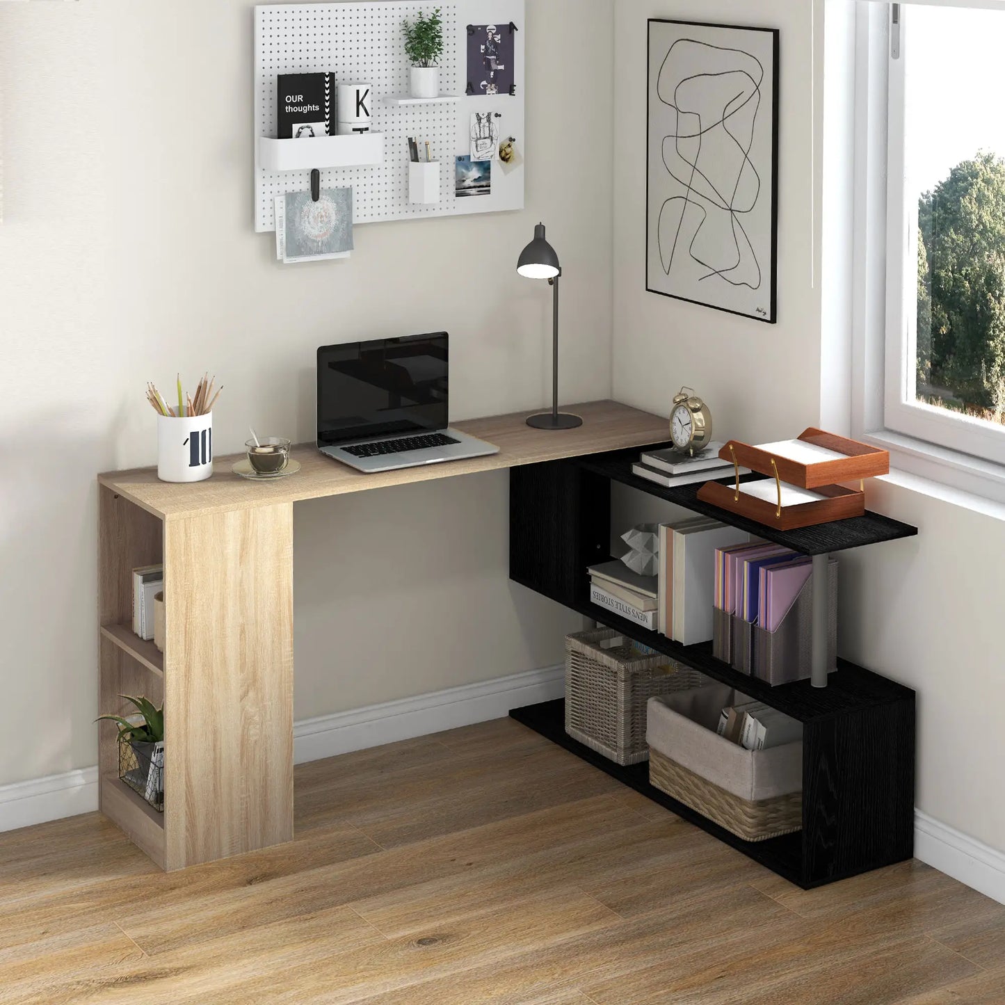 55" Corner Computer Desk, L-Shaped Rotating Workstation, 3-Tier Shelves Computer Desks at Gallery Canada
