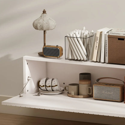 55 Inch Floating TV Stand, Wall Mount Media Console, 2 Fluted Doors, White TV Stands at Gallery Canada