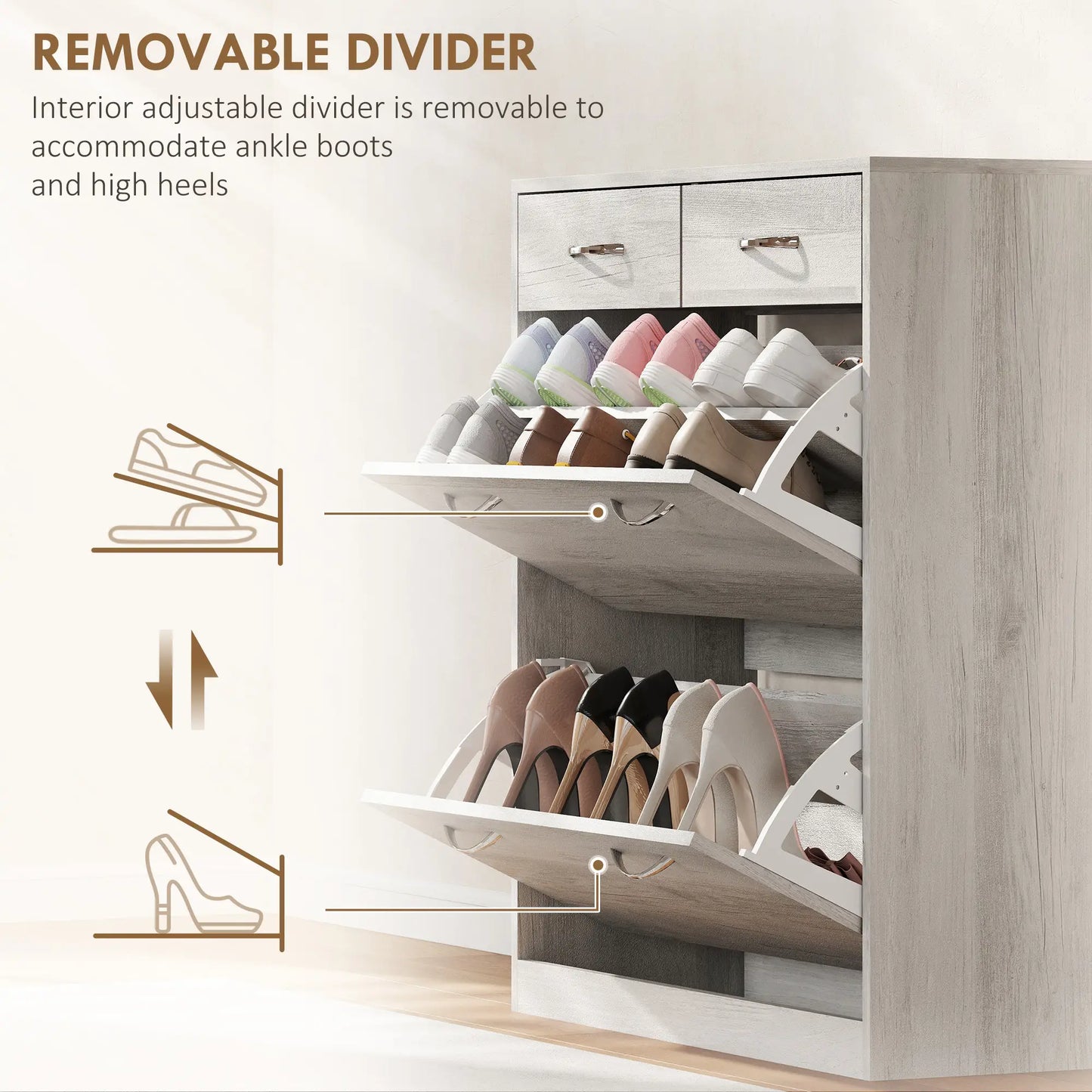 Rangement étroit pour chaussures, 2 tiroirs à rabat, étagères réglables, 12 paires, gris