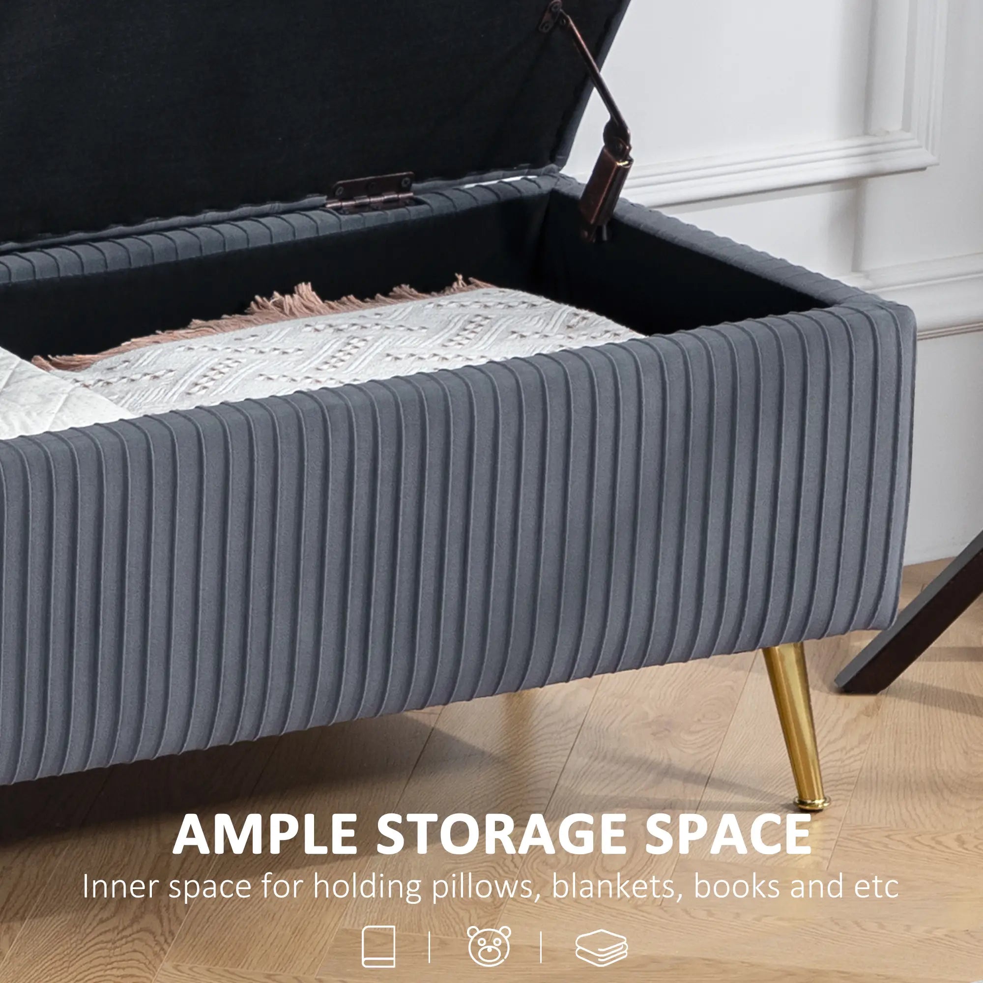 43 Inch Storage Ottoman Bench, Steel Legs, Padded Seat, Dark Grey Storage Ottomans & Benches at Gallery Canada