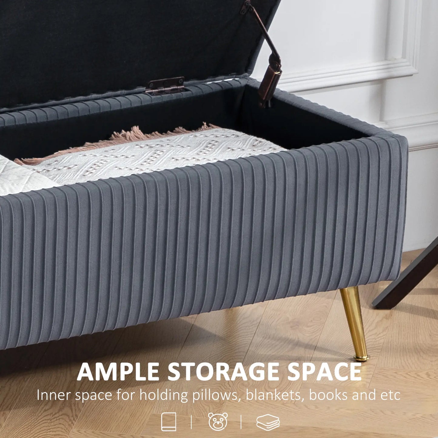 43 Inch Storage Ottoman Bench, Steel Legs, Padded Seat, Dark Grey Storage Ottomans & Benches at Gallery Canada