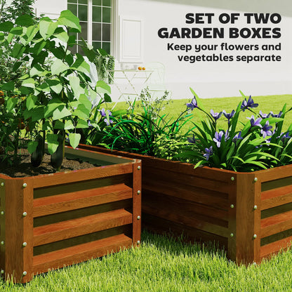 Galvanized Raised Garden Beds, Set of 2, Wood Effect, Brown Galvanized Planter Boxes at Gallery Canada