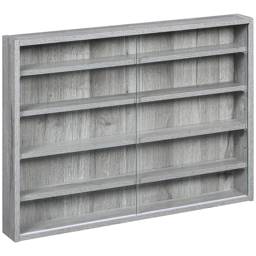 5-Storey Wall Shelf Display Cabinet, Shot Glass Display Case, Glass Curio Cabinet with 2 Glass Doors and 4 Adjustable Shelves, Grey