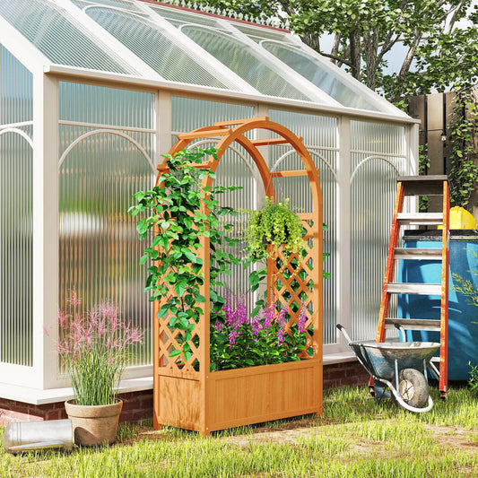 Wooden Raised Garden Bed With Arch Trellis, 33" x 14" x 57", Trellis Planter For Vine Plants Wooden Planter Boxes Light Brown at Gallery Canada