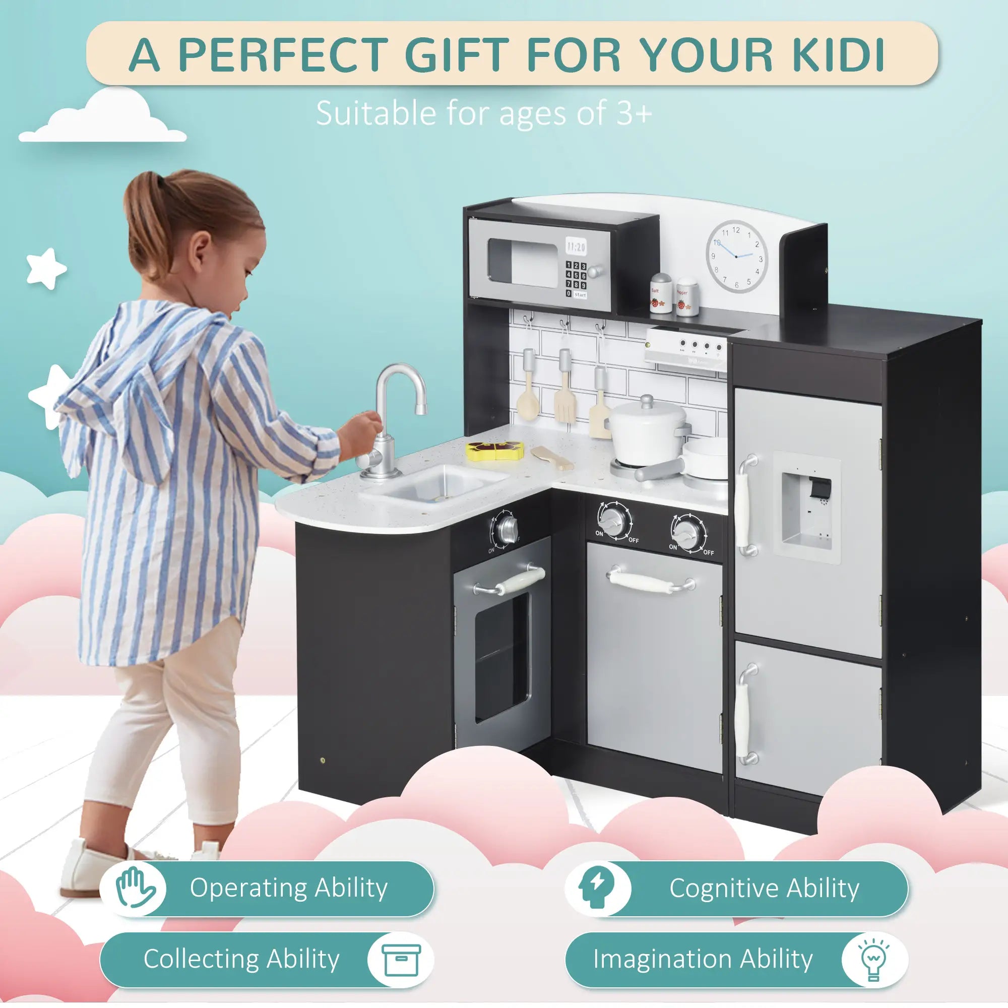 Kids Kitchen Play Set, Drinking Fountain, Microwave, Dark Brown Play Kitchen at Gallery Canada