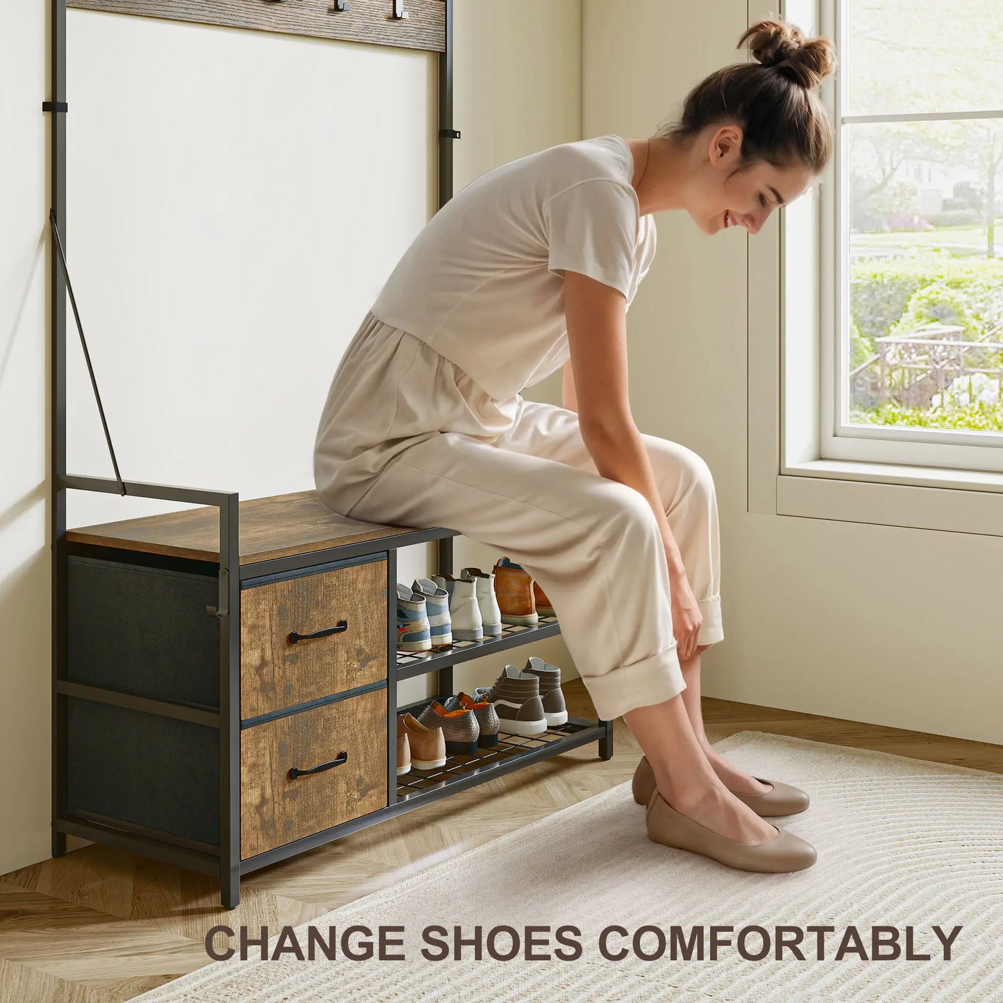 6-In-1 Hall Tree, Bench with Shoe Storage, 10 Hooks, 2 Fabric Drawers, Rustic Brown Clothing Storage at Gallery Canada
