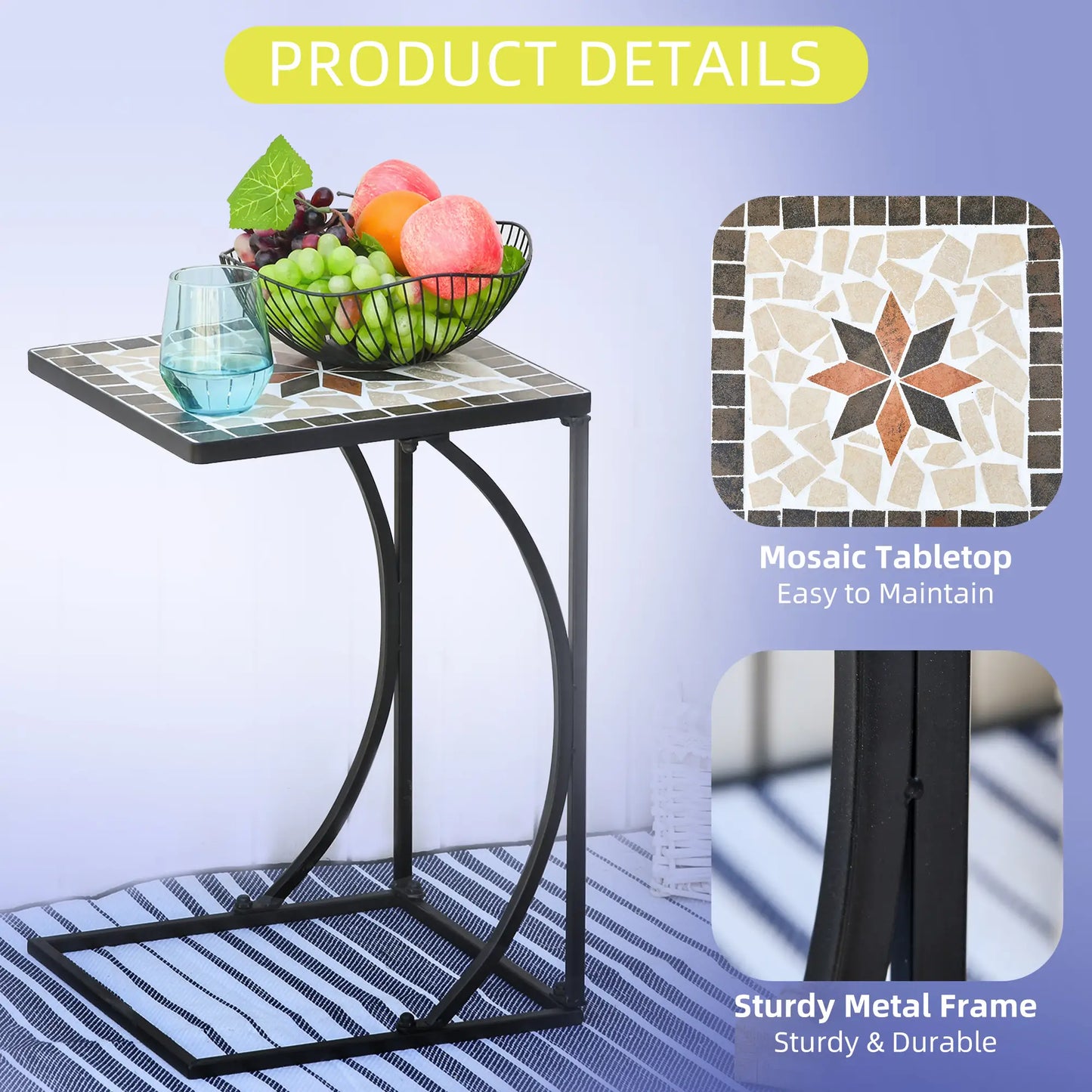 Mosaic Side Table, C Shape Frame, Indoor Outdoor Coffee End Table Patio Side Tables at Gallery Canada