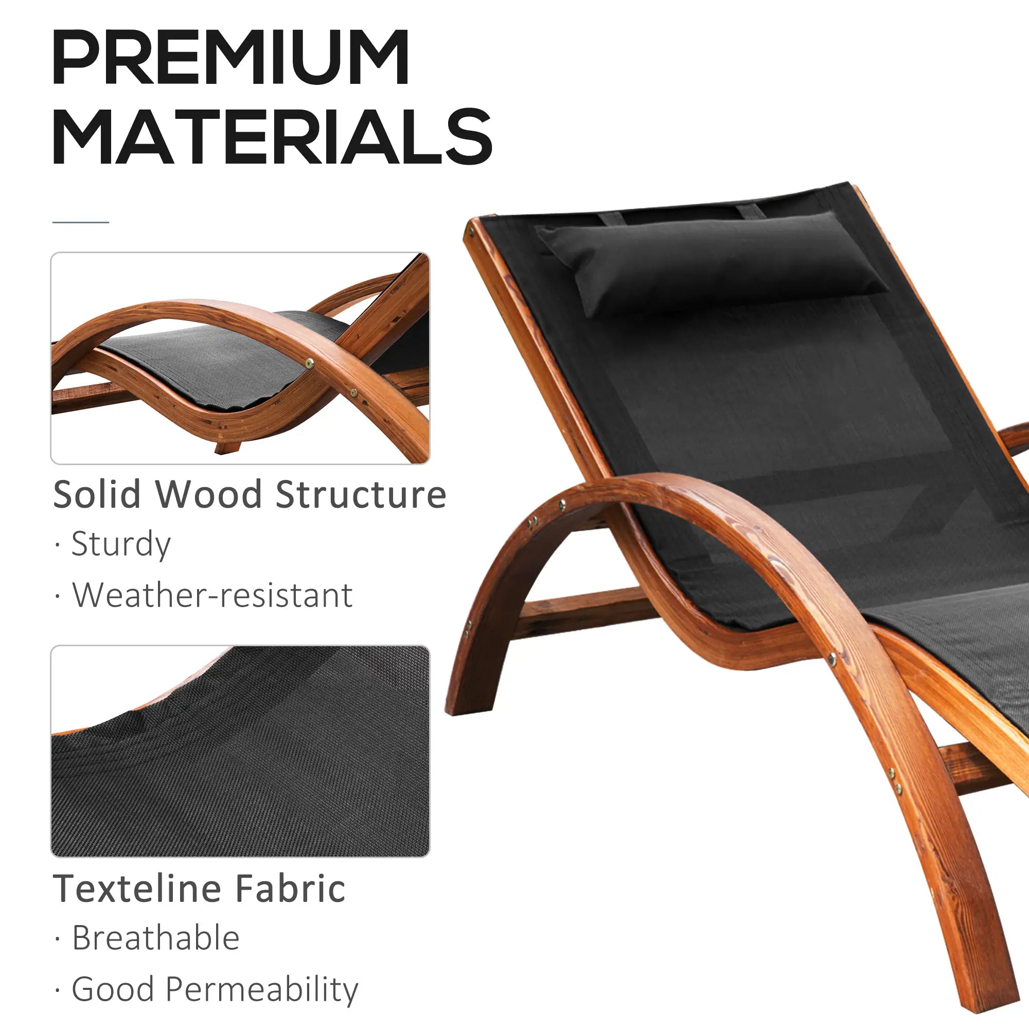 Wood Chaise Lounge Chair Recliner, Outdoor Patio Camping, Teak Black, Black Lounger Chairs at Gallery Canada