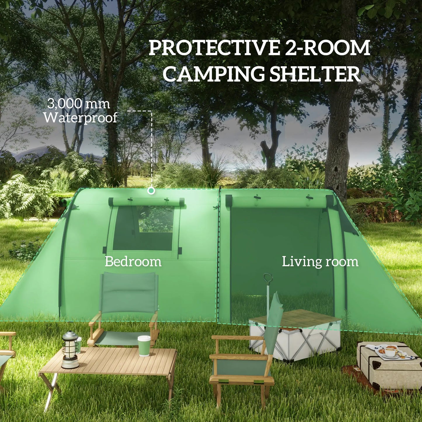 3-4 Person Camping Tent, 2 Rooms, 3000mm Waterproof, Dark Green Camping Tents at Gallery Canada
