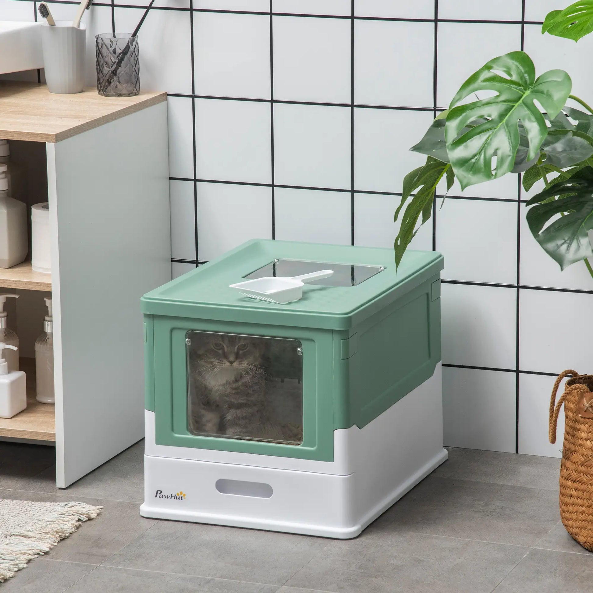 Enclosed Kitty Litter Box, Large, With Scoop, Tray, Green Cat Litter Box Enclosures at Gallery Canada