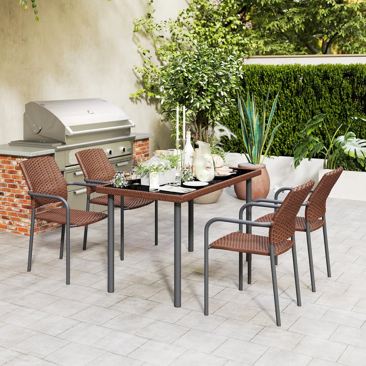 5 Piece Outdoor Dining Set, PE Wicker Rattan Patio Furniture, Stackable Chairs, Glass Table Top Patio Furniture Sets at Gallery Canada
