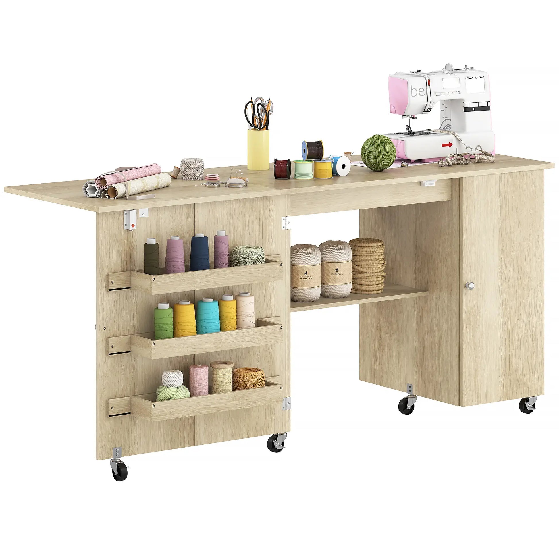 Sewing Machine Table, Drop Leaf, 2 Doors, Adjustable Shelf, Natural Sewing Cabinets at Gallery Canada