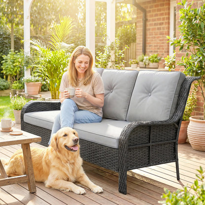 Wicker Patio Sofa With Cushions, 3 Seater Rattan Outdoor Couch, Light Grey Patio Furniture Sets at Gallery Canada