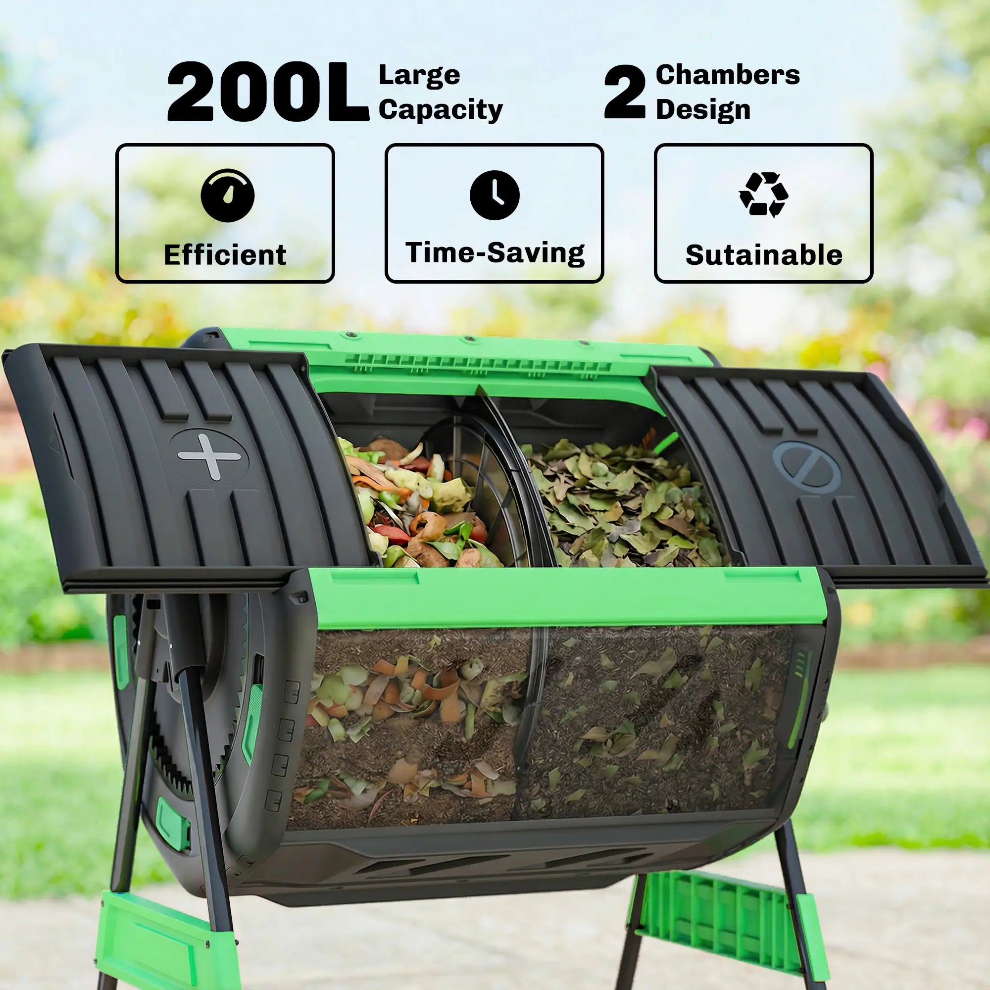 53 Gal Dual Chamber Tumbling Composter, Adjustable Vents, BPA Free, Green Garden Accessories at Gallery Canada