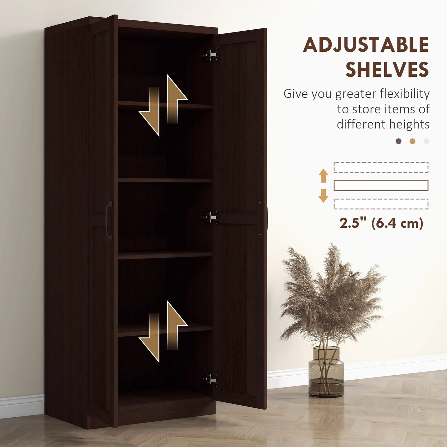 63" Kitchen Storage Cabinet, 5-Tier Pantry with Doors, Adjustable Shelves, Dark Brown Kitchen Pantry Cabinets at Gallery Canada