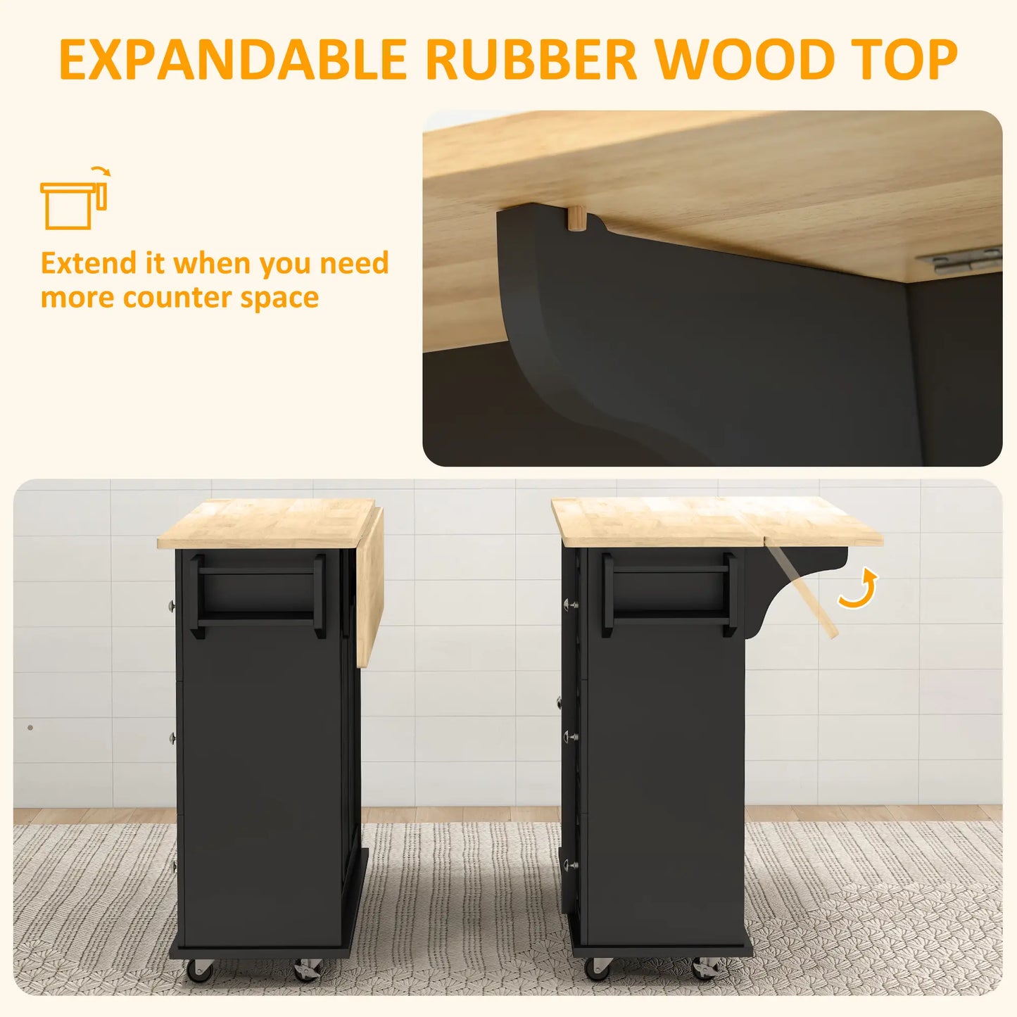 Kitchen Island on Wheels, Drop Leaf Cart with Drawers, Black