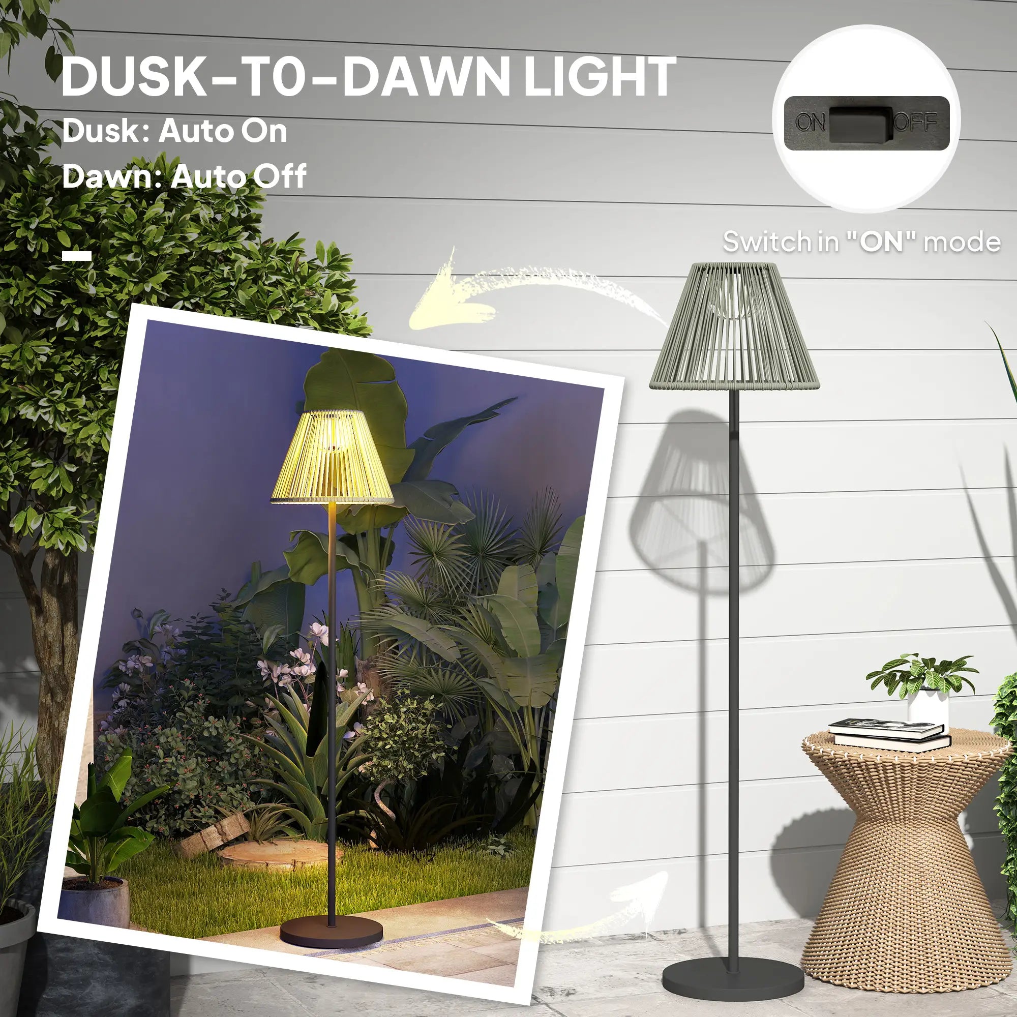 Wicker Outdoor Floor Lamp, Solar Lantern, Auto LED Lights, IP44, Grey Solar Post Lamps at Gallery Canada