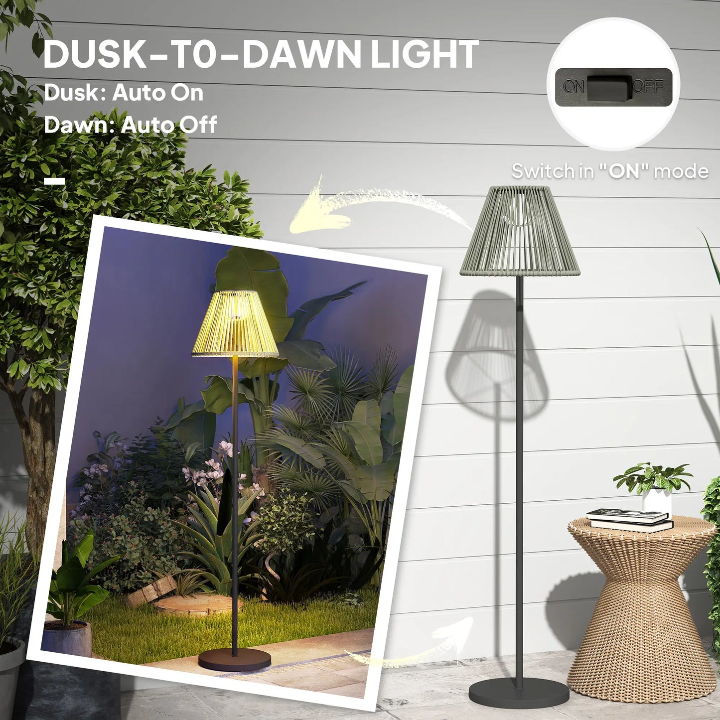 Wicker Outdoor Floor Lamp, Solar Lantern, Auto LED Lights, IP44, Grey Solar Post Lamps at Gallery Canada