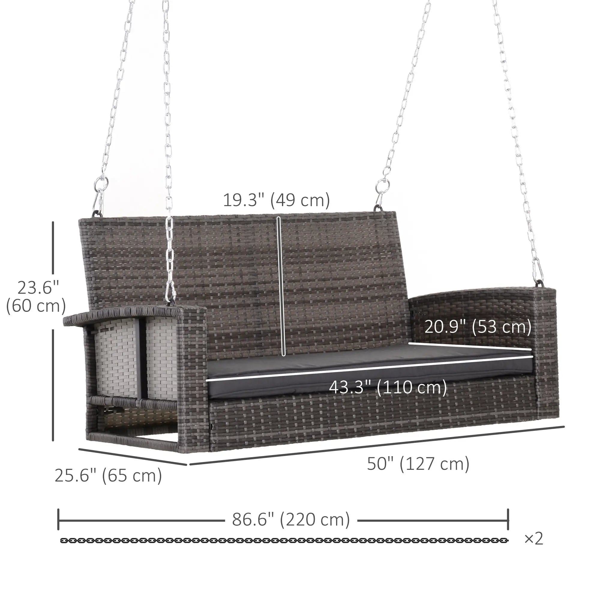 2-Person Patio Swing, Outdoor Rattan Hanging Bench with Cushion, 7.2 ft Steel Chains, Grey Hanging Porch Swings at Gallery Canada