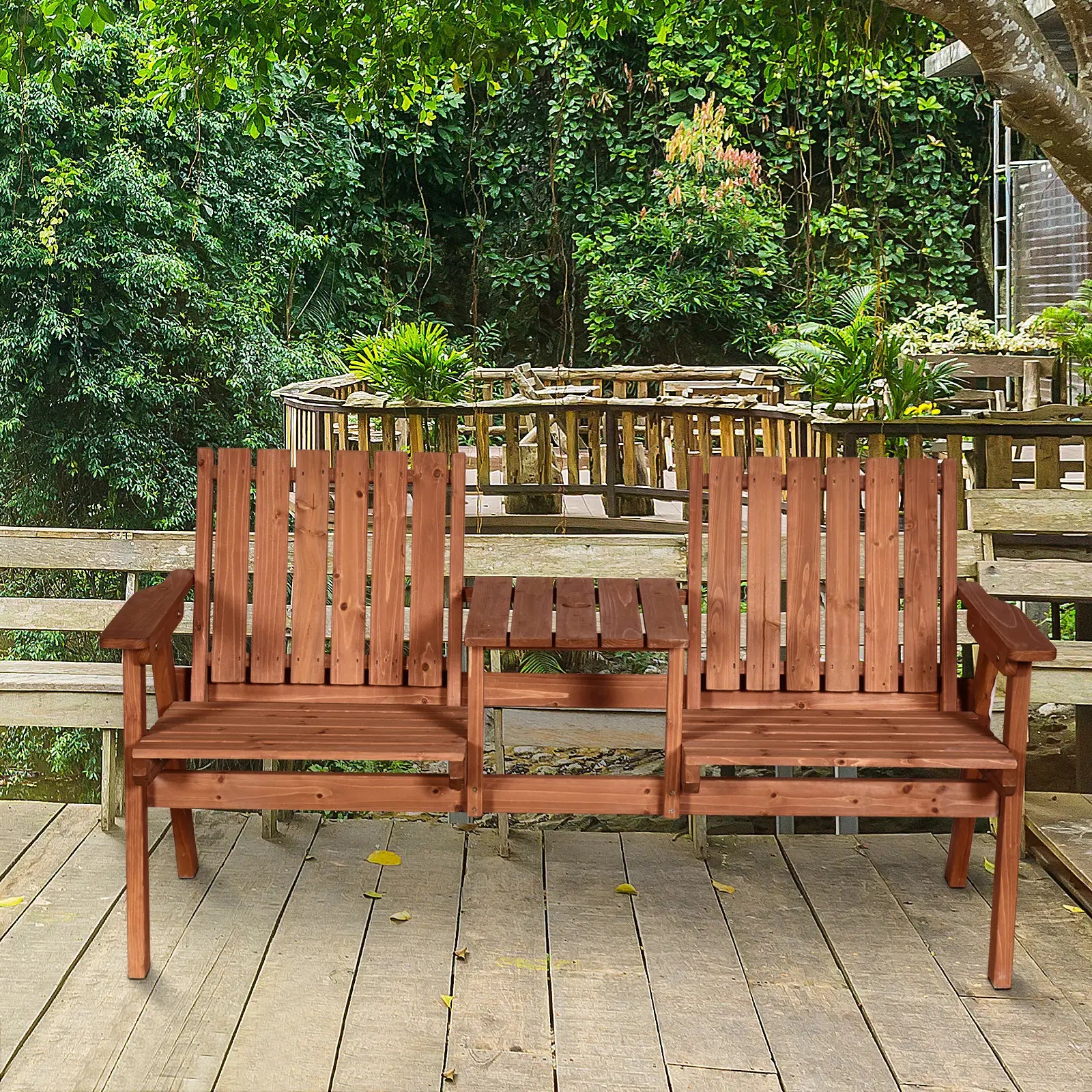 2-Person Garden Bench with Table, Umbrella Hole, Wooden Slat Design, Orange Outdoor Benches at Gallery Canada