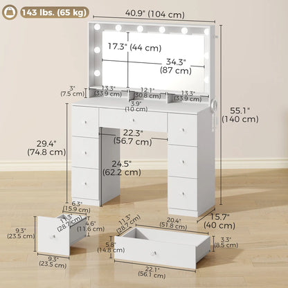 Vanity Desk with 10 Dimmable LED Lights, Mirror Dressing Table with 7 Drawers and Charging Station, White