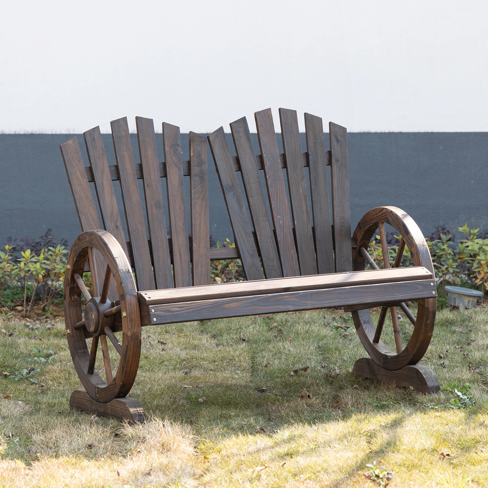 Outdoor Garden Bench, 2-Seat Wooden Patio Bench, Wheel-Shaped Armrests, Carbonized Outdoor Benches at Gallery Canada