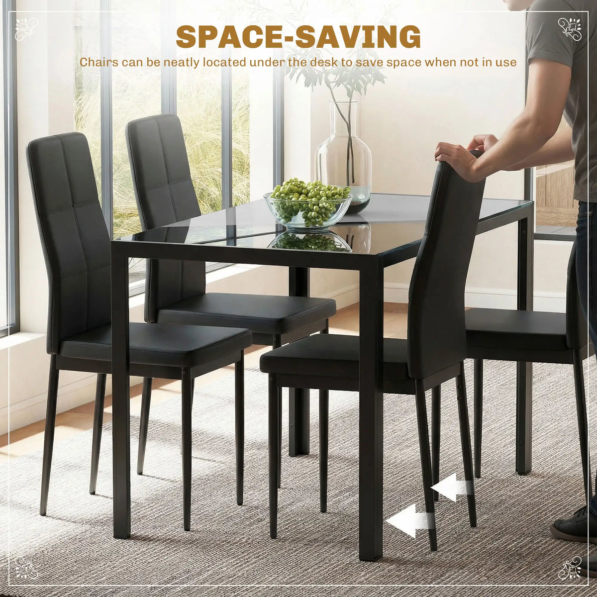 5-Piece Rectangular Glass Dining Table, Metal Frame, Faux Leather Chairs, Black Bar Sets at Gallery Canada