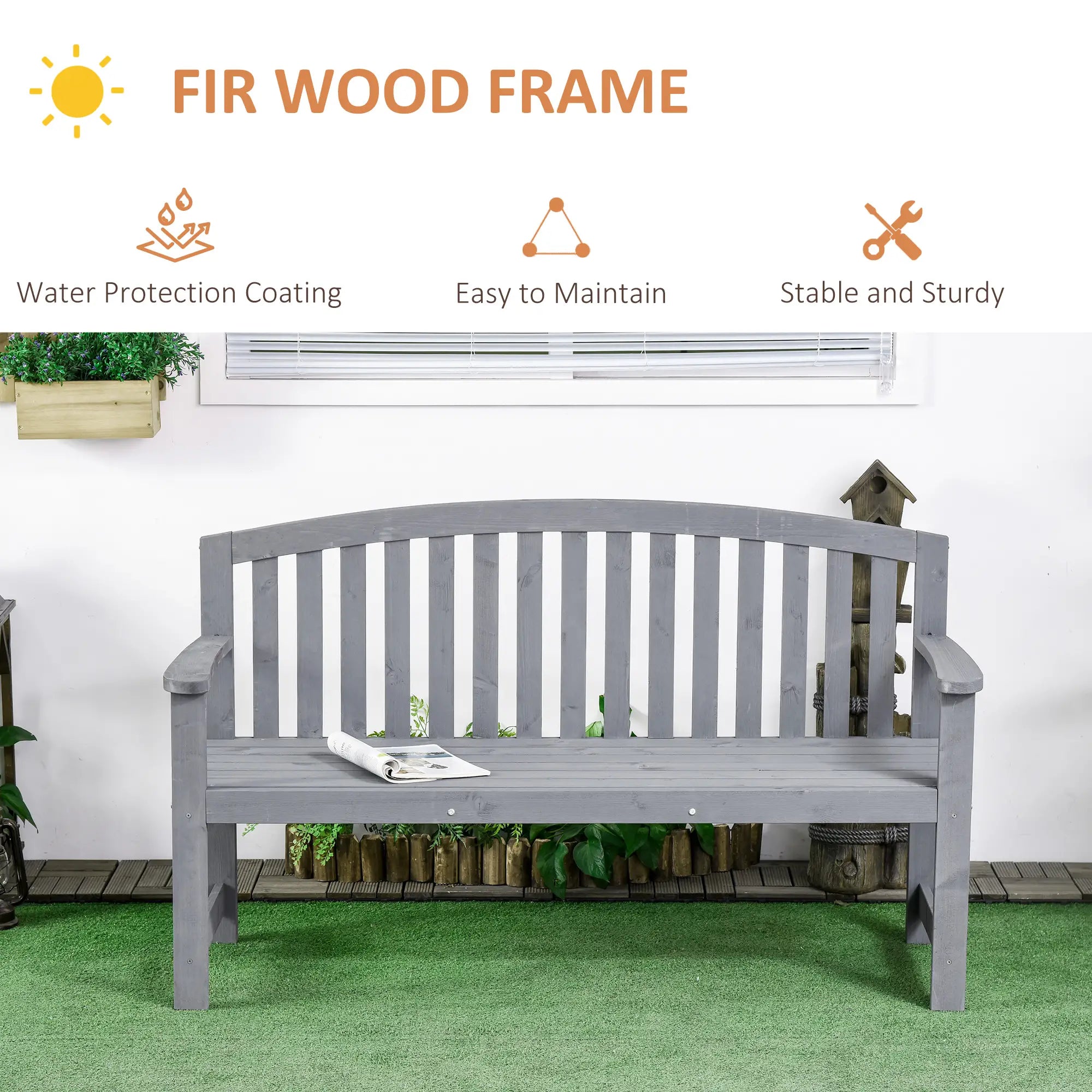 Wooden Bench, Slatted Design with Backrest, Armrests, Grey Outdoor Benches at Gallery Canada