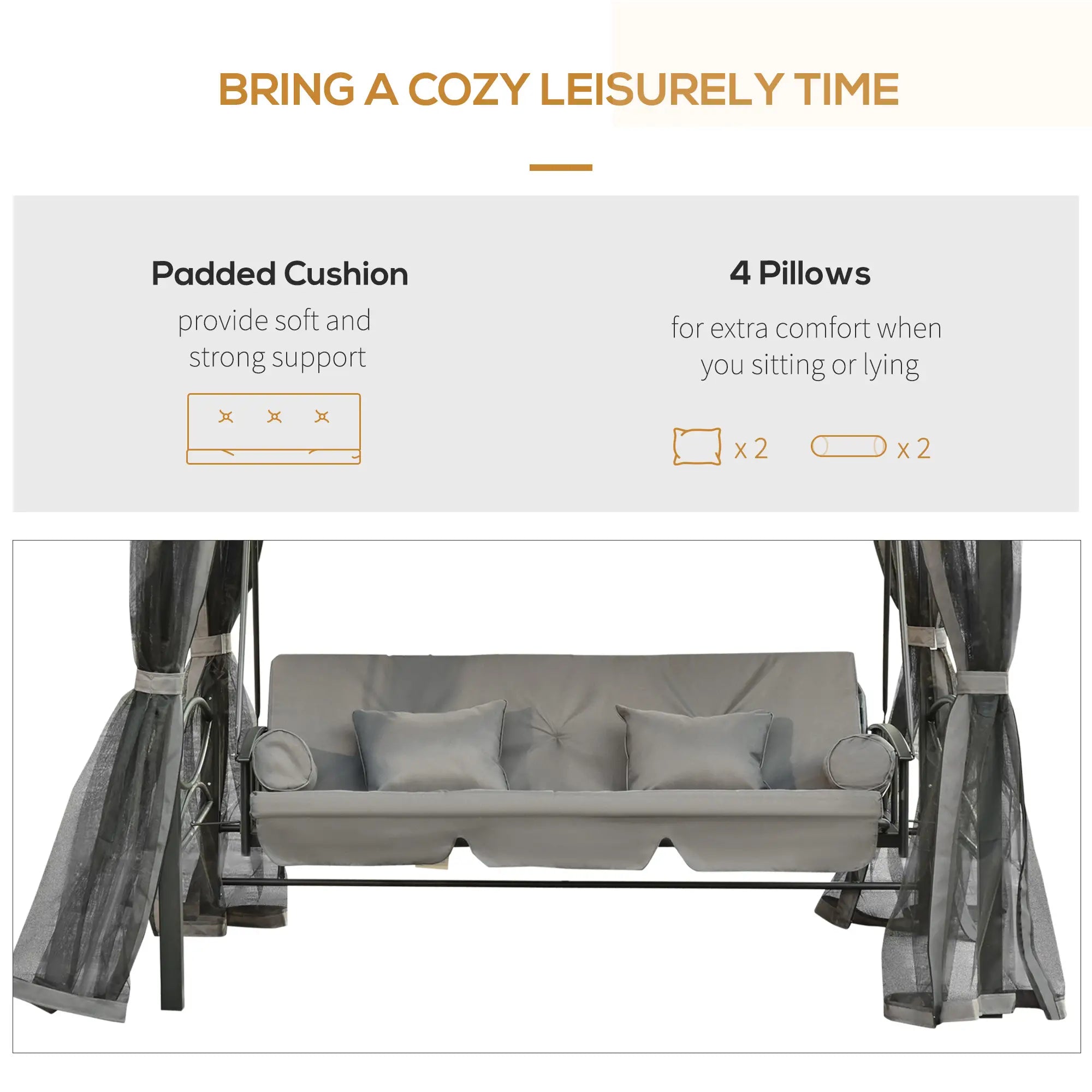 3 Person Outdoor Daybed, Canopy Gazebo Swing Chair, Dark Grey Patio Swings with Stand at Gallery Canada