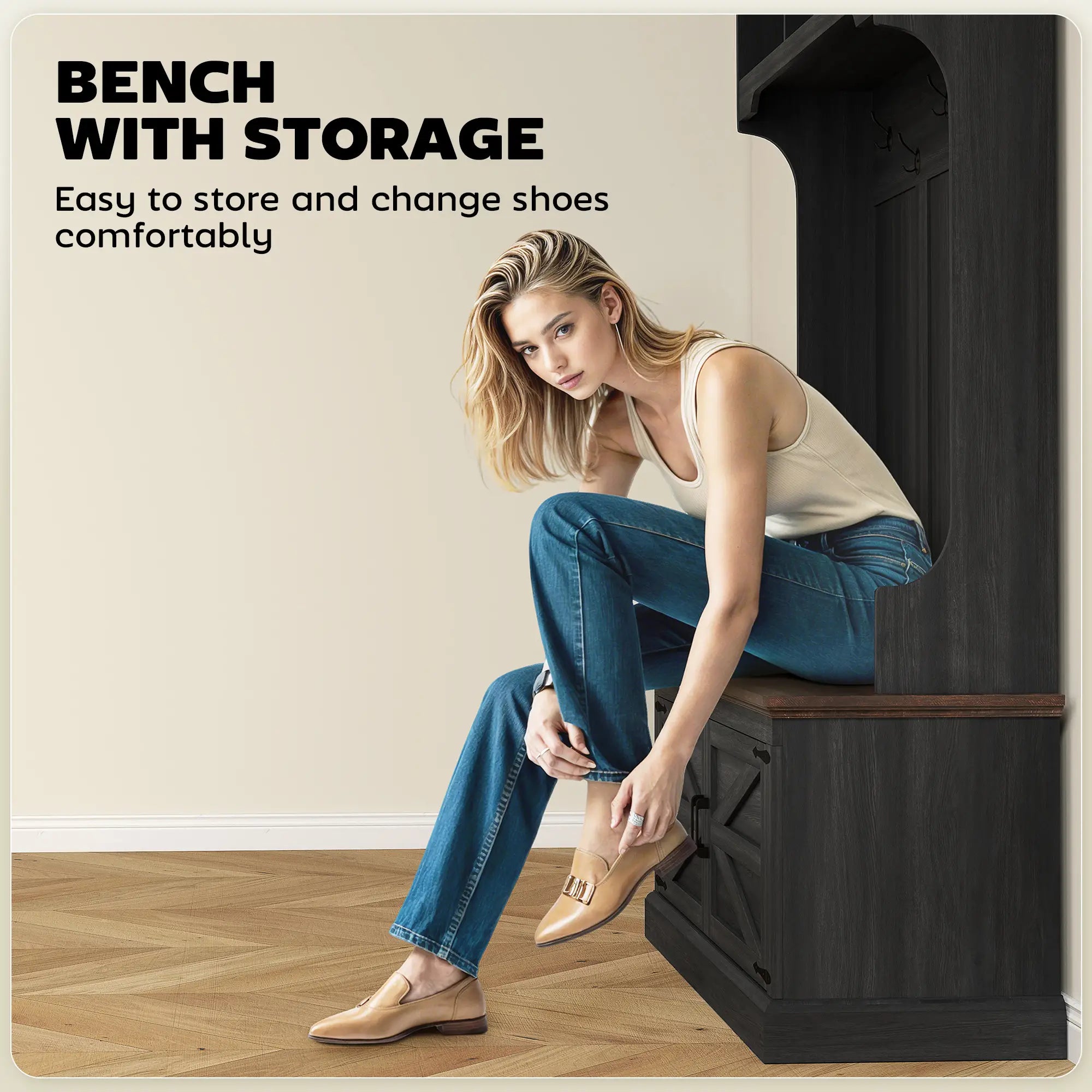 3-in-1 Hall Tree with Bench, Coat Rack, Shoe Storage, Distressed, Black Clothing Storage at Gallery Canada