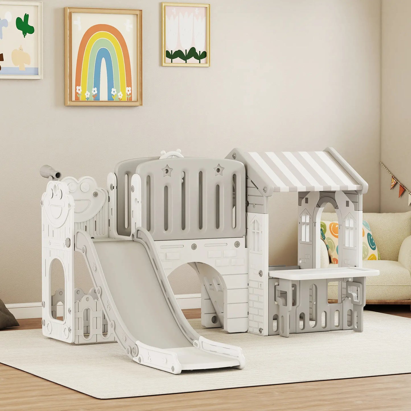 7-in-1 Toddler Slide Climber Playset with Playhouse, Basketball Hoop, Grey Gym Sets & Swings at Gallery Canada