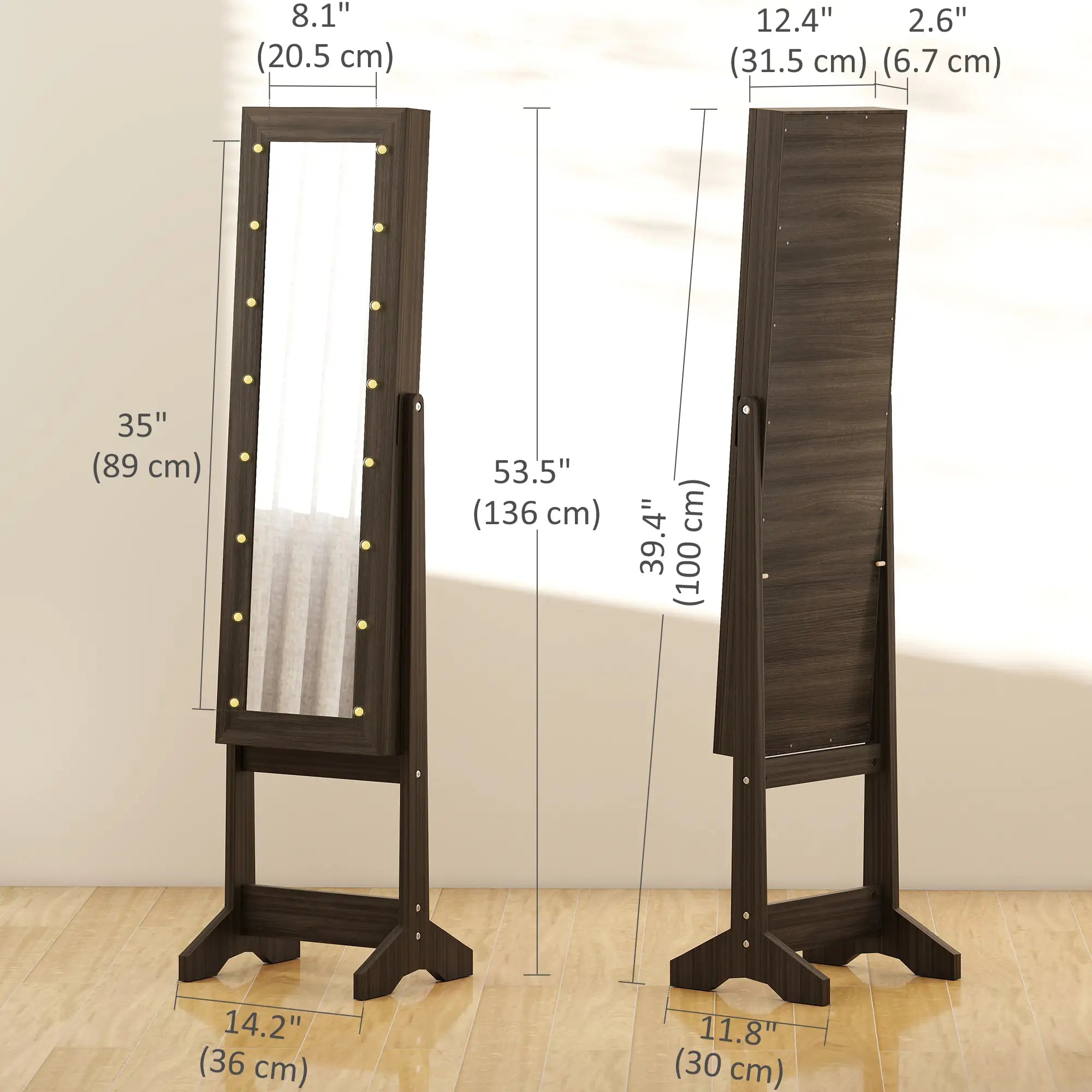 Lighted Mirrored Jewelry Cabinet, Angle Adjustable, 16 LED Lights, Dark Brown Jewellery Armoire & Jewellery Mirror Cabinets at Gallery Canada