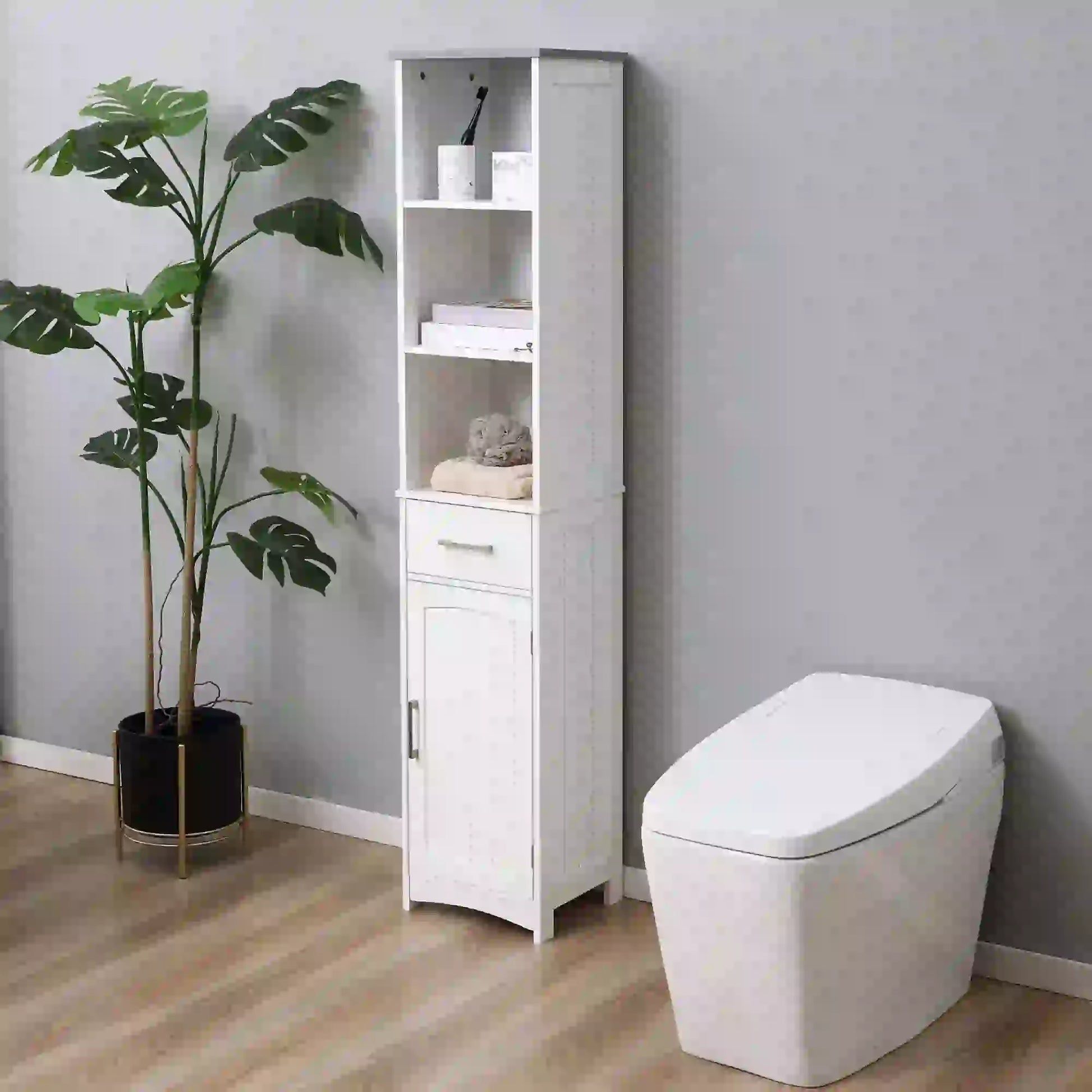 Tall Bathroom Storage Cabinet, 3 Tier Shelf with Drawer, White Bathroom Cabinets at Gallery Canada