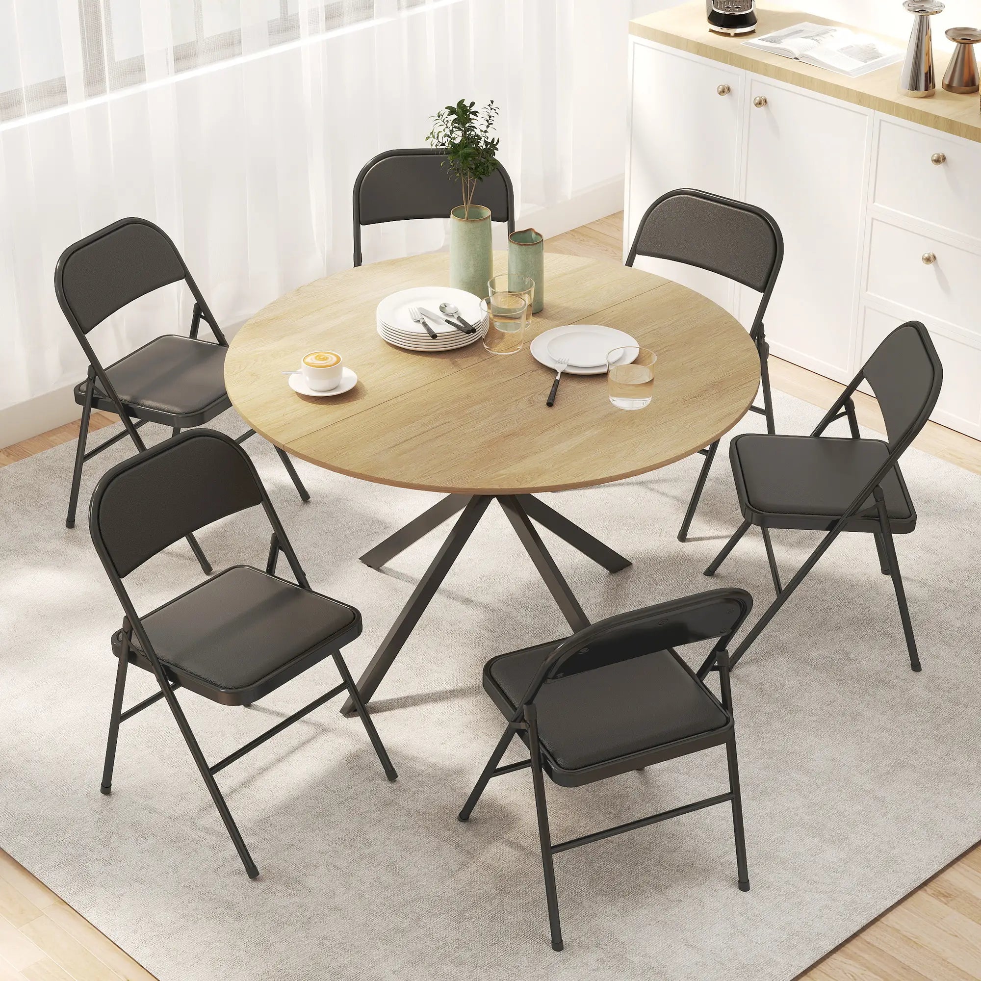 Set of 6 Metal Foldable Chairs, PU Leather Padded, Black Dining Chairs at Gallery Canada