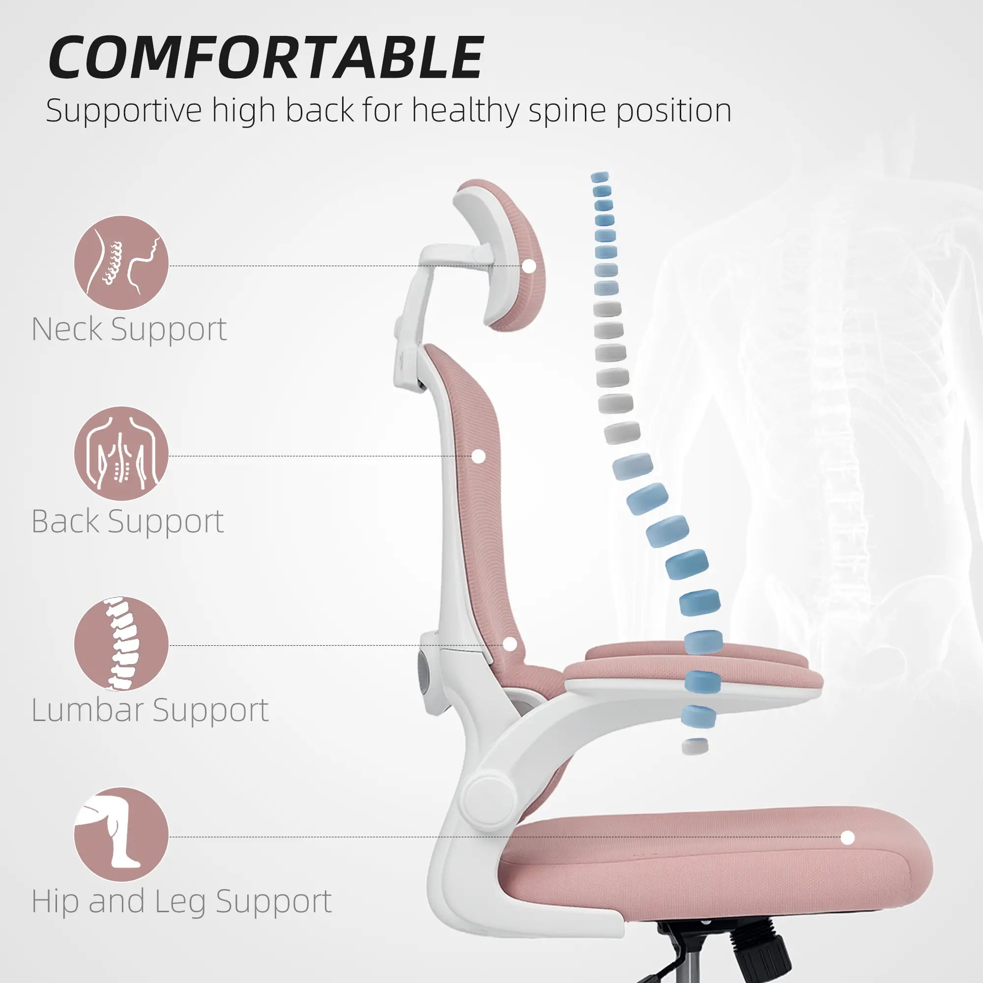 Ergonomic Mesh Office Chair, High Back, Rotatable Headrest, Flip-Up Armrests, Lumbar Support, Pink Task Chairs at Gallery Canada