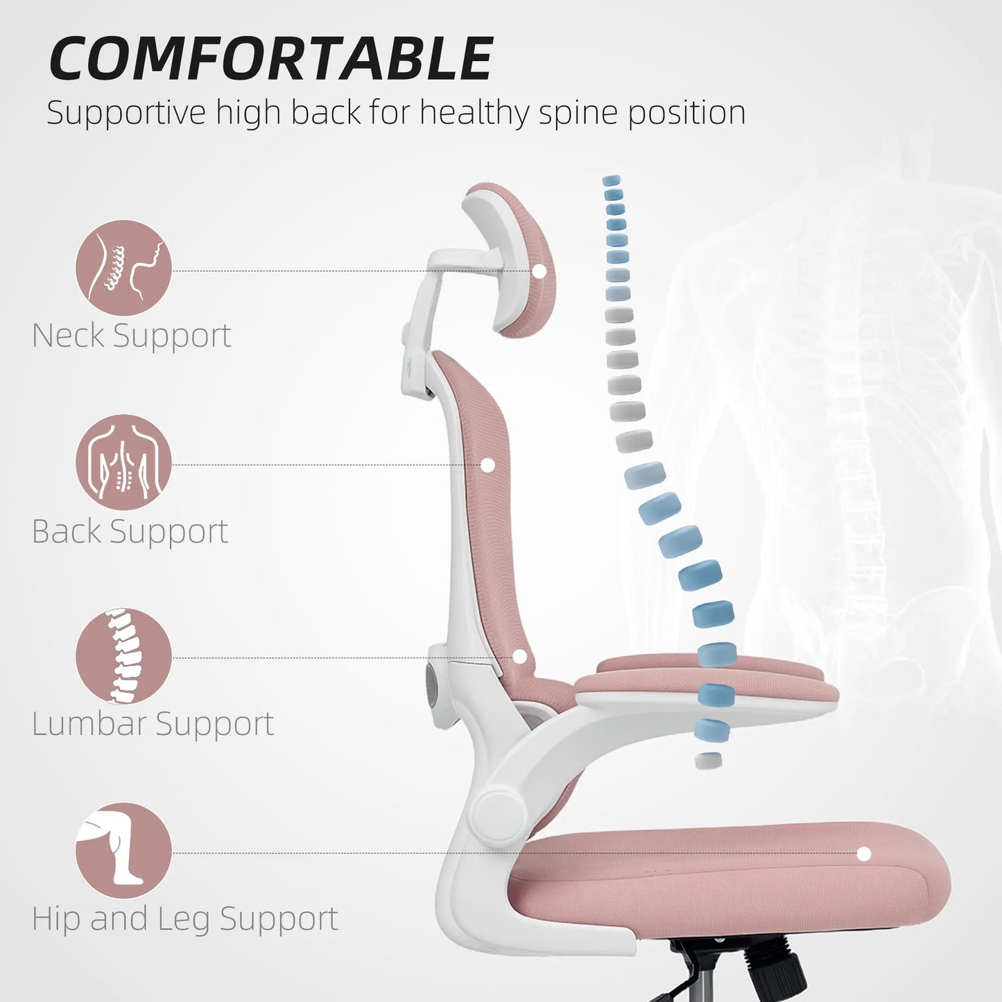 Ergonomic Mesh Office Chair, High Back, Rotatable Headrest, Flip-Up Armrests, Lumbar Support, Pink Task Chairs at Gallery Canada