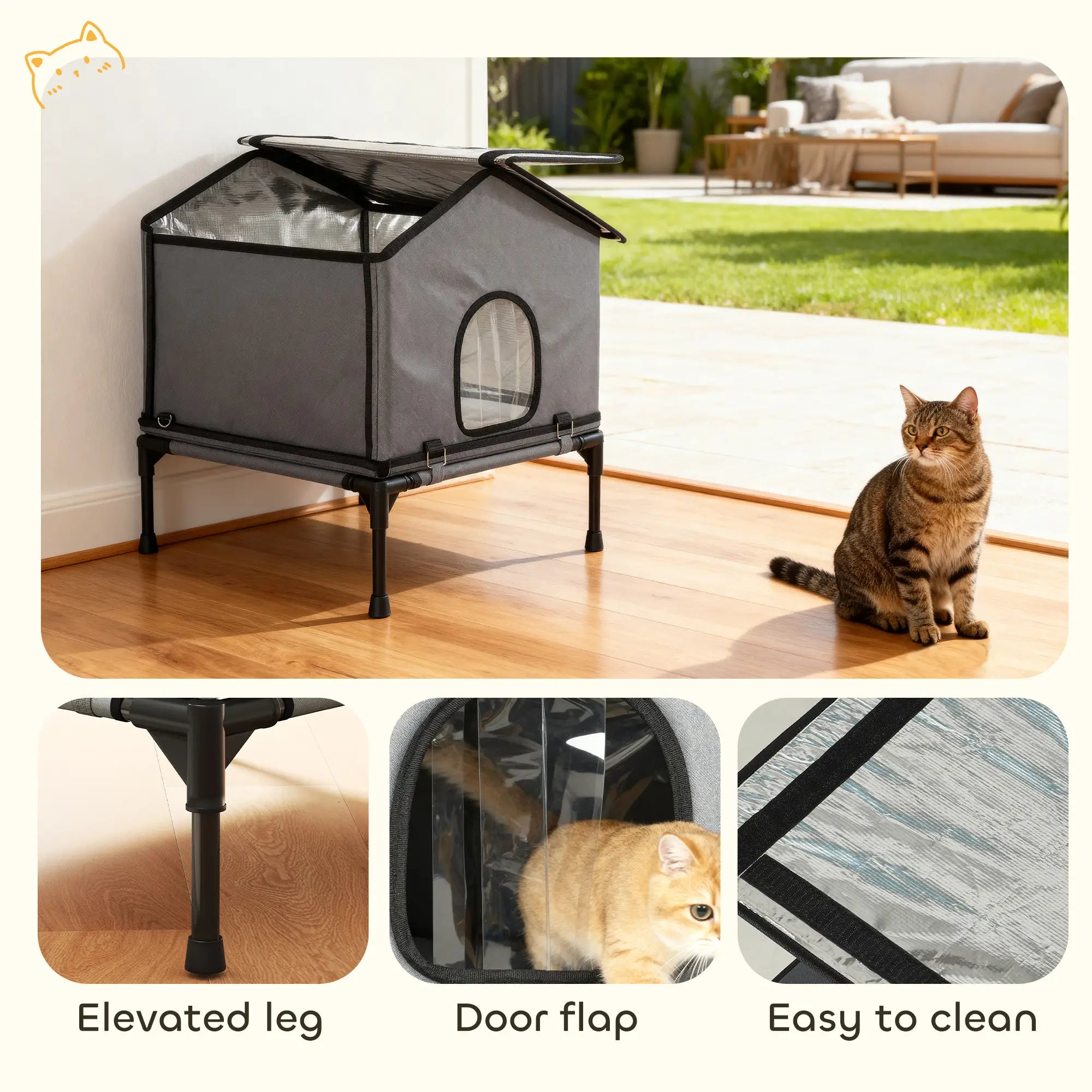 Outdoor Cat House, Waterproof Insulated Cat Kennel with Elevated Base, Foldable Feral Kitty Shelter for Kittens, Grey Cat Houses at Gallery Canada