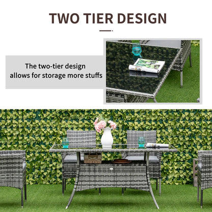 Garden Dining Table, Rattan with Glass Top, Storage Shelf, 59" x 34" x 29", Grey Outdoor Dining Sets at Gallery Canada