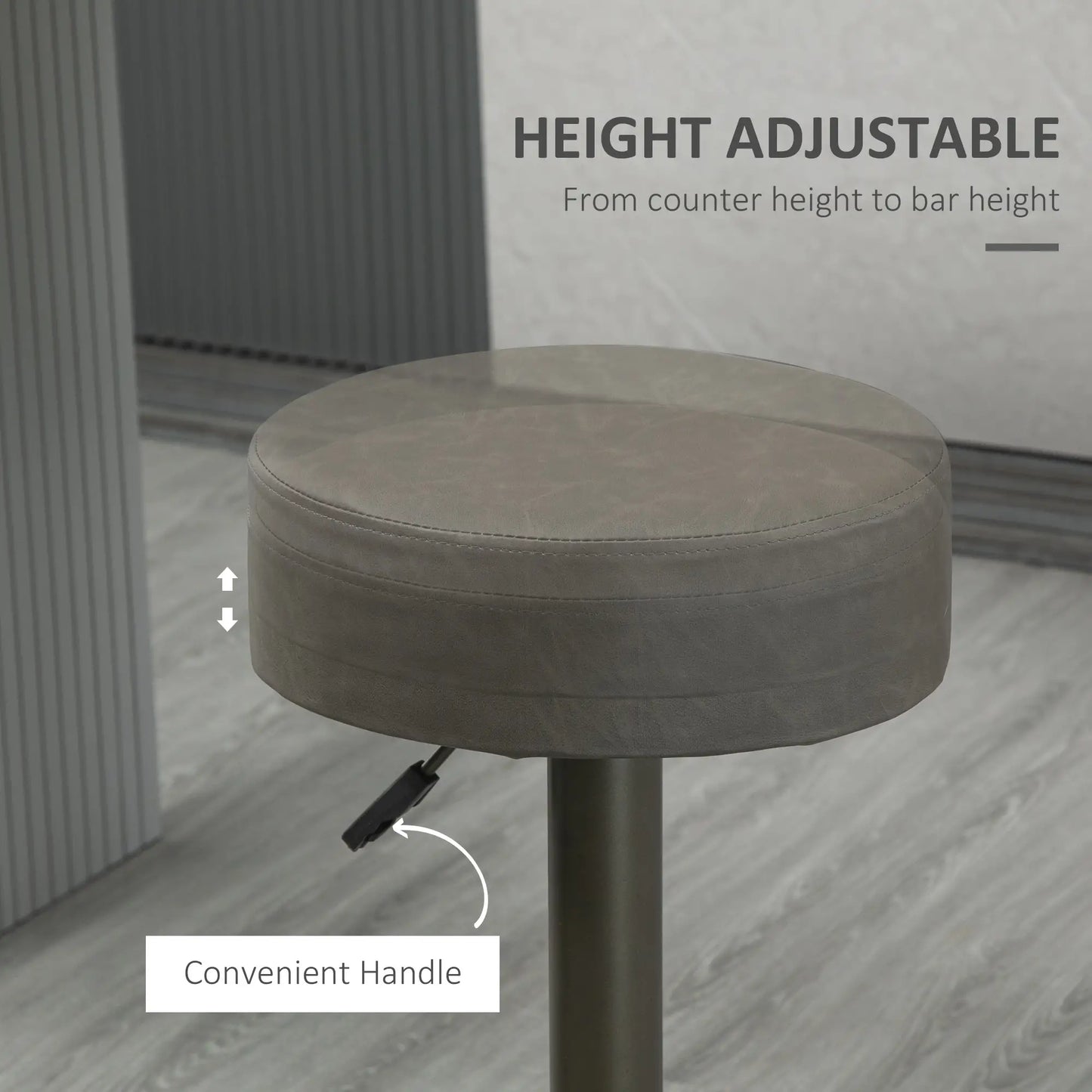 Adjustable Bar Stools Set of 2, Swivel with Footrest, PU Leather Round Top, Dark Grey Bar Stools at Gallery Canada