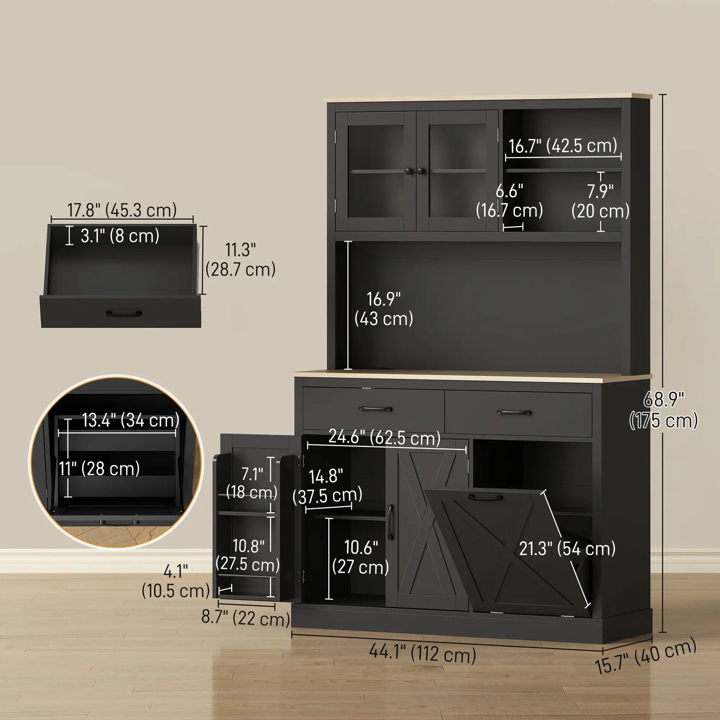 69 Inch Pantry Cabinet with Charging Station, Microwave Stand, Tilt-Out Trash Can, Black Kitchen Pantry Cabinets at Gallery Canada