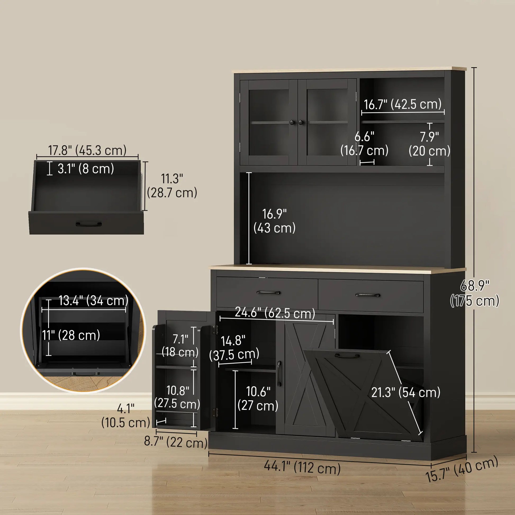 69 Inch Pantry Cabinet with Charging Station, Microwave Stand, Tilt-Out Trash Can, Black Kitchen Pantry Cabinets at Gallery Canada