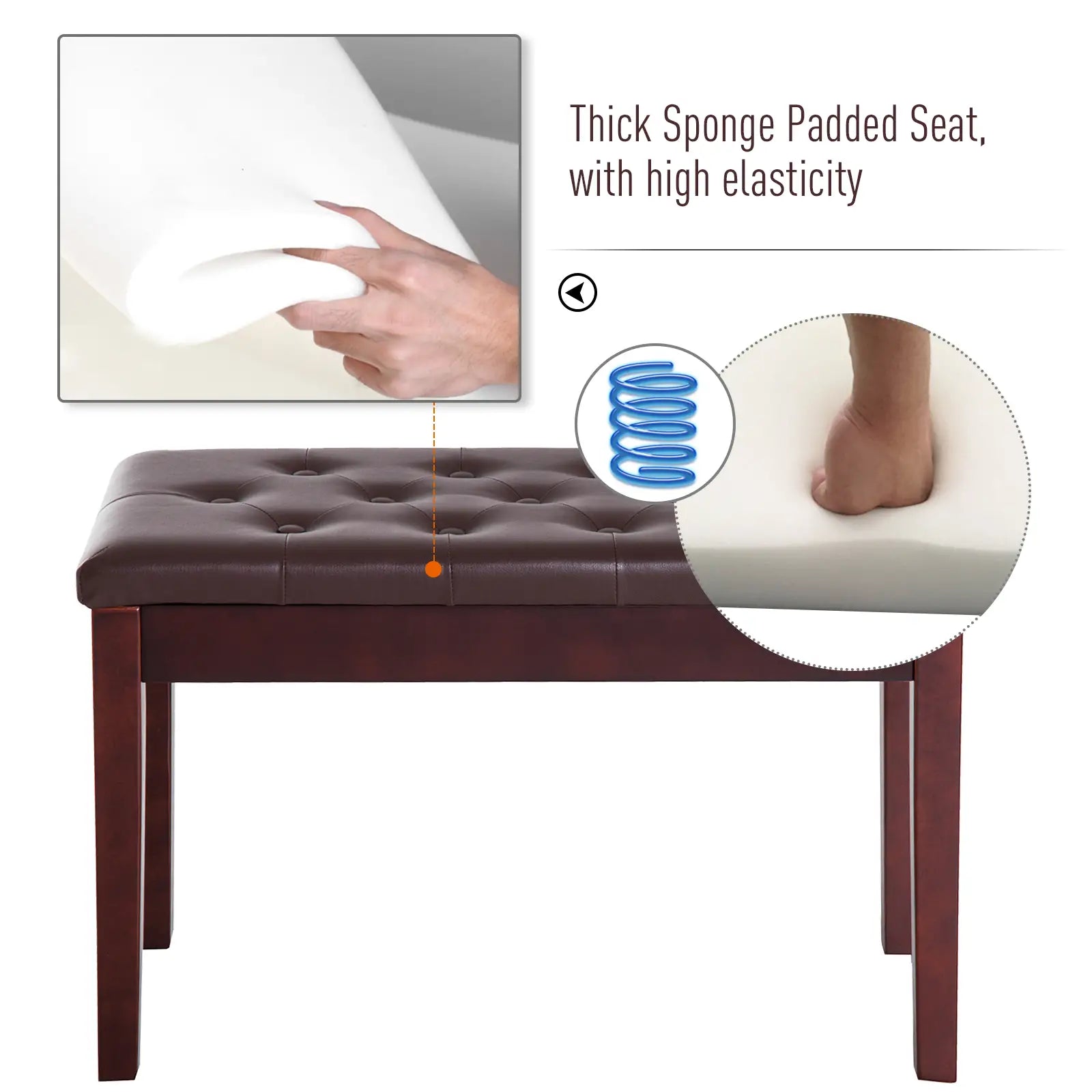 Faux Leather Padded Piano Bench, Double, Music Storage, Brown Piano Benches at Gallery Canada