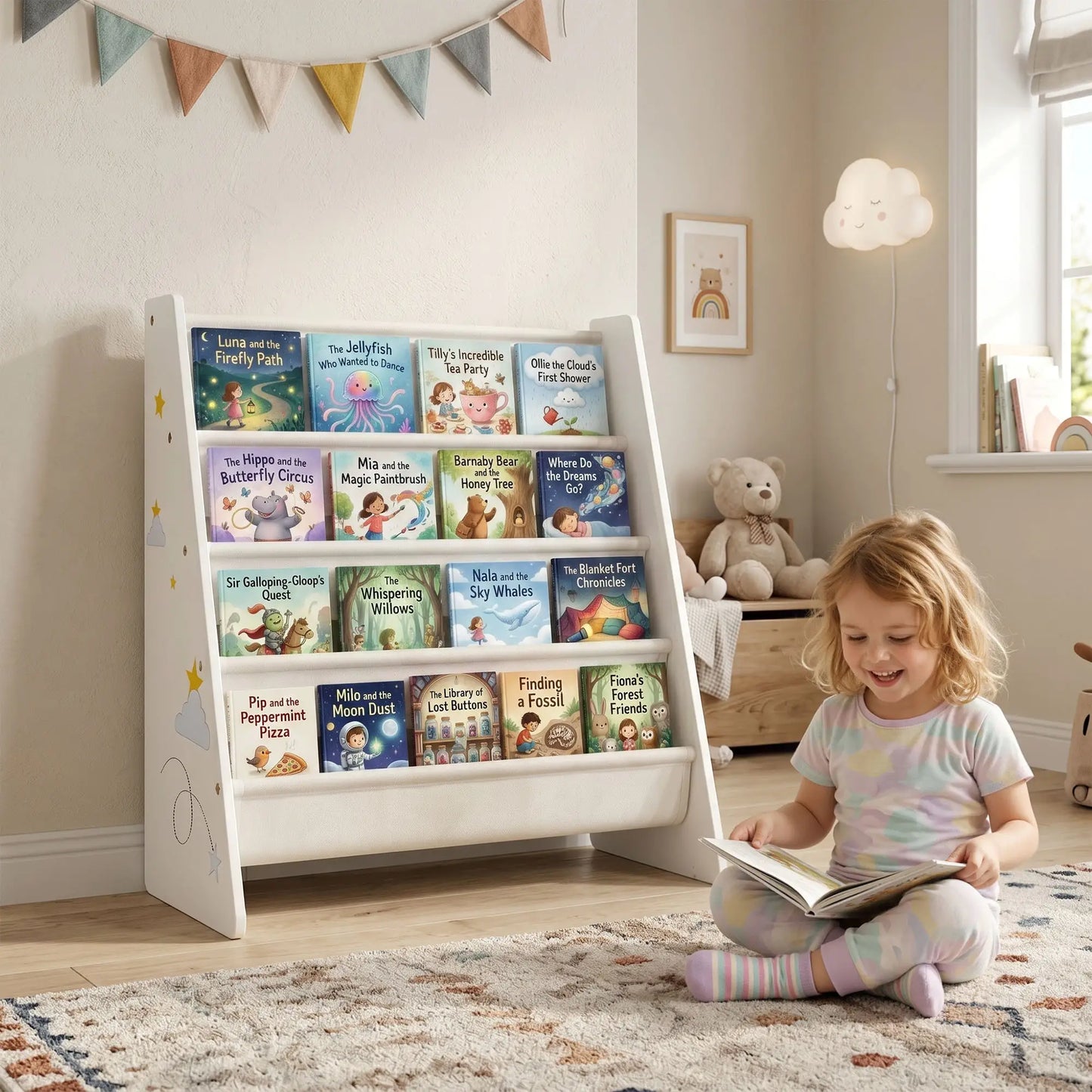 Fabric Kids Bookshelf, 4-Tier Toddler Sling Book Rack, White