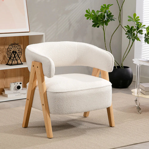 Sherpa Fleece Accent Chair, Upholstered Armchair with Wood Legs, White