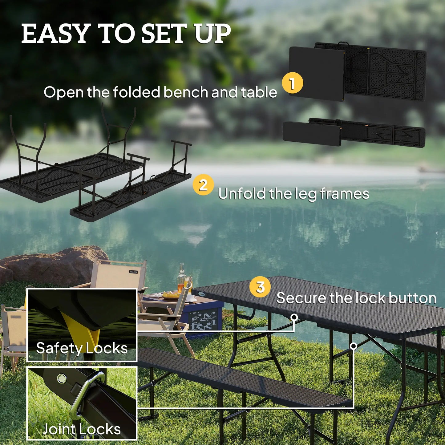 6FT 3PCS Faux Rattan Outdoor Table Bench Set, Folding Picnic Table with 2 Benches, Black Picnic Tables & Camping Chairs at Gallery Canada